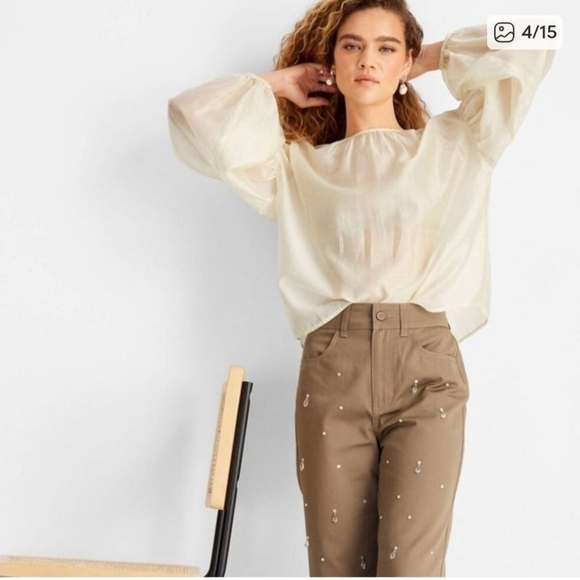 Sheer Cream Long Sleeve Blouse, Large - Picture 11 of 12